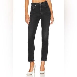 $218 Citizens of Humanity Daphne Straight Leg Jeans Black High Rise Raw Hem